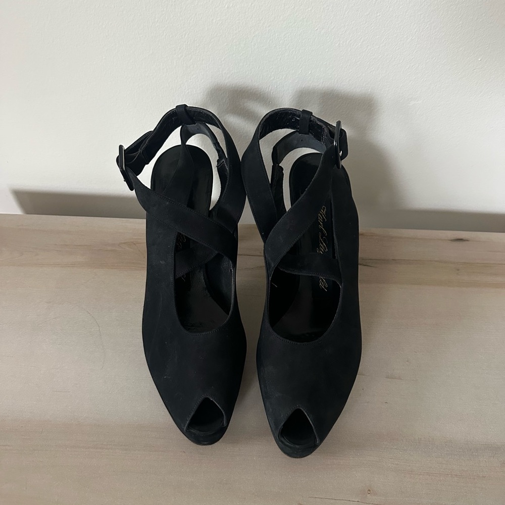 Karl Lagerfeld Black Suede Peep-Toe Heels